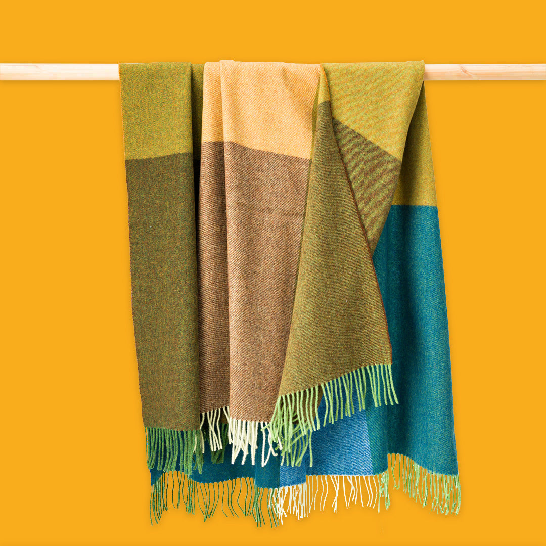 John Hanly Lambswool Throw Blue Green Mustard Tan Large Blocks
