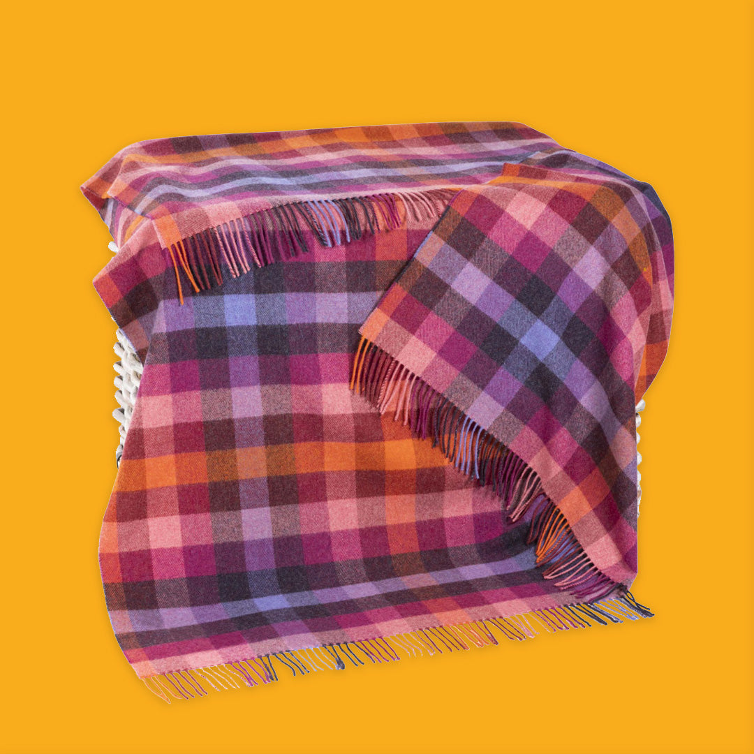 John Hanly Lambswool Throw Pink Peony Viola Orange Multi Check