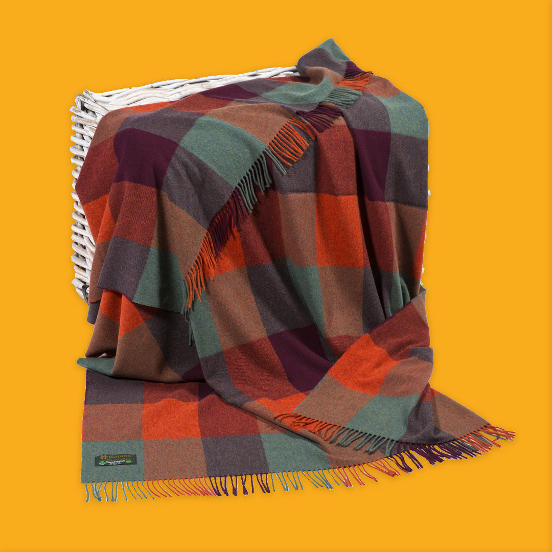 John Hanly Lambswool Throw Orange Maroon Sea Green Block