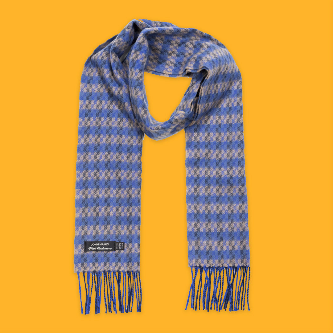 John Hanly Irish Cashmere Wool Scarf Blue Beige Check