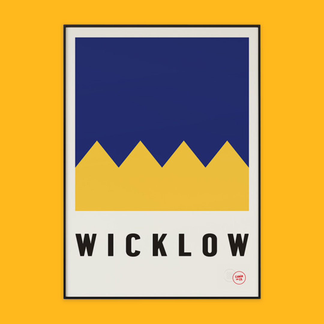 The photo shows a poster on an orange background. The poster shows the yellow and navy colours pf county Wicklow with the word Wicklow written underneath.