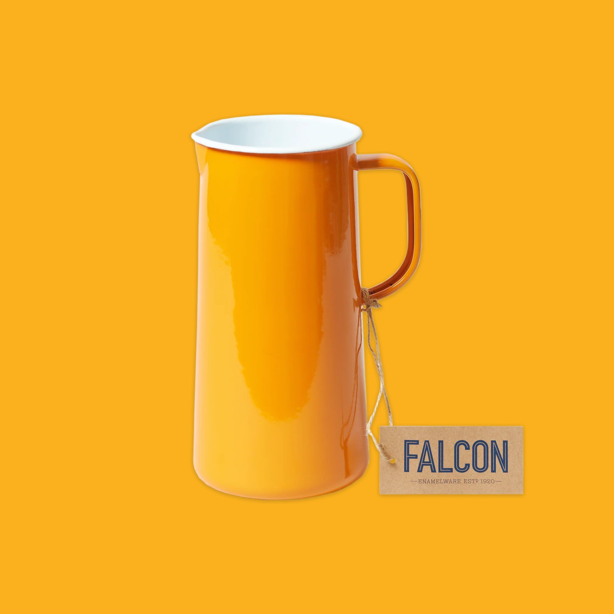 Orange mug with a handle on an orange background, featuring the brand 'Falcon'.