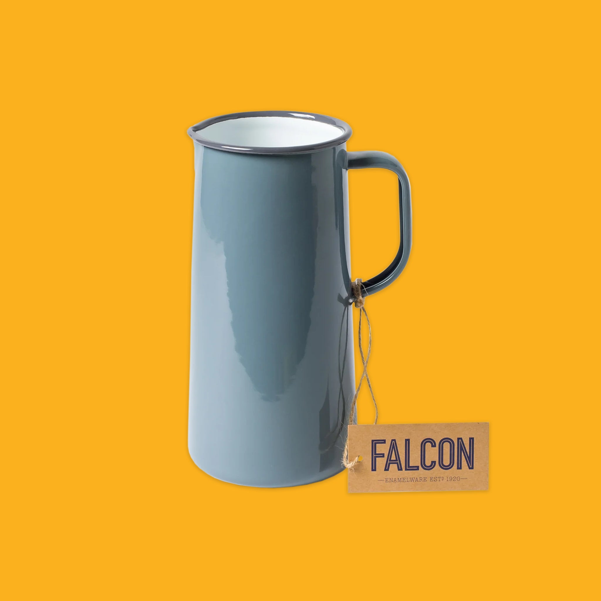 Grey enamel jug with a 'Falcon' tag on an orange background