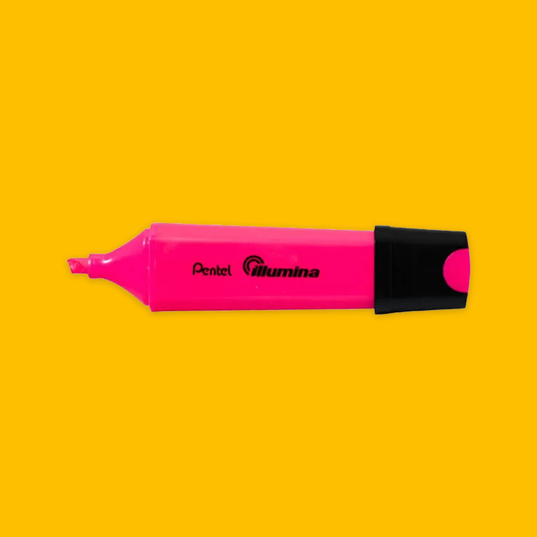 Pink highlighter with black cap on a yellow background