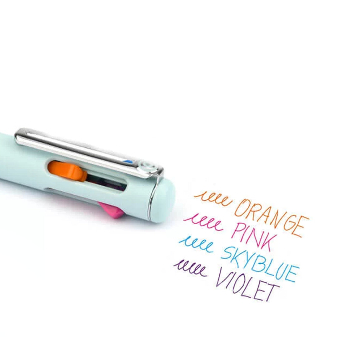Light blue pen with colorful ink cartridges on a white background with each colour displayed beside it.