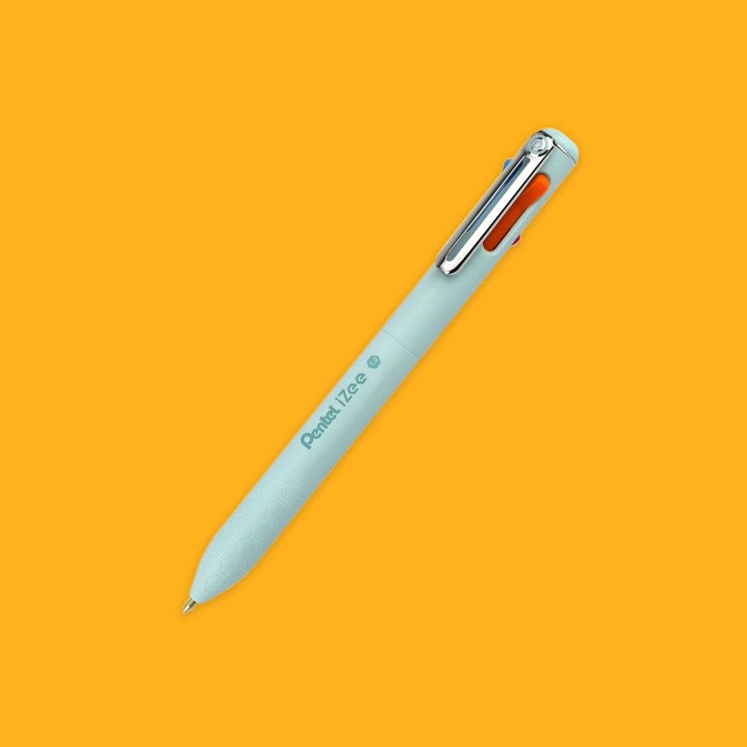 Light blue pen with a silver clip on an orange background