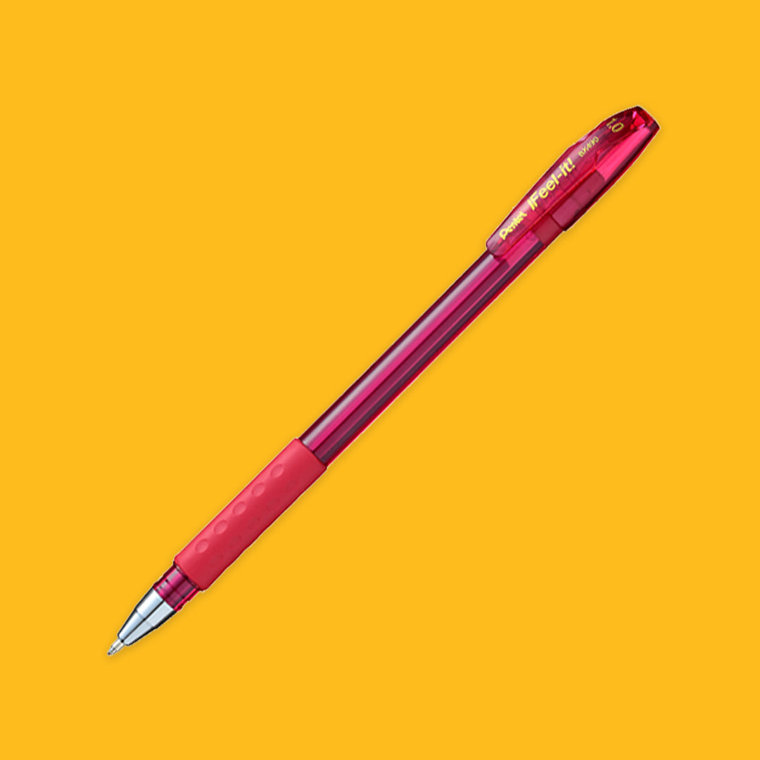 Pink pen with silver accents on a yellow background