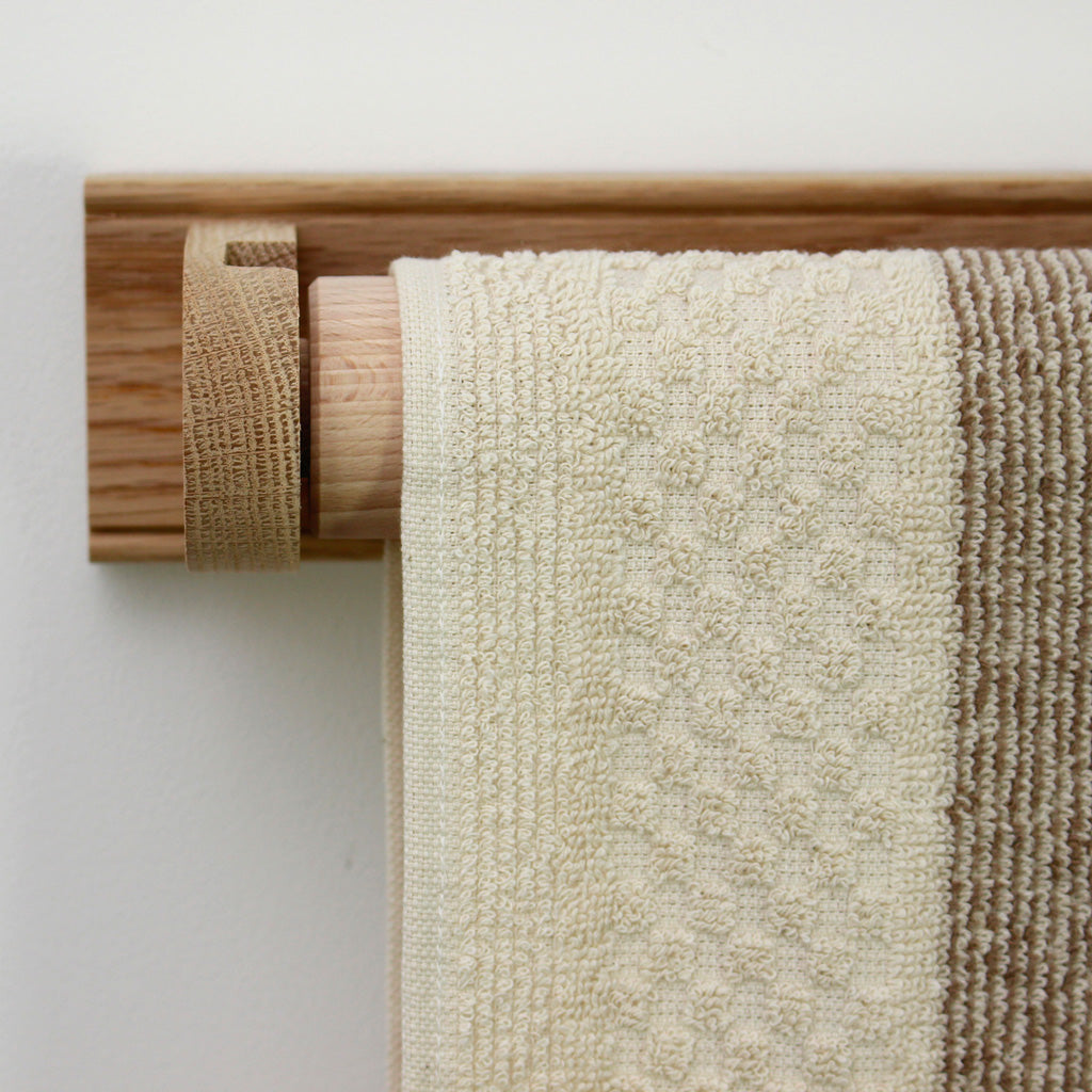 Creamore Mill Oak and Beech Roller Towel Rail with white towel