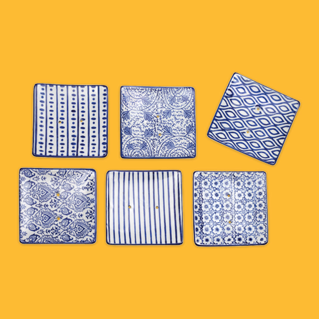 Sqaure Ceramic Soap Dish by Redecker with Blue and White patterns.