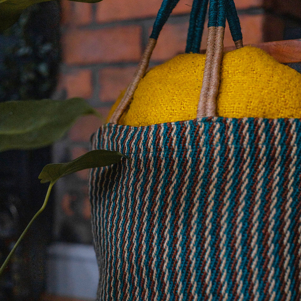 Turtle Bags Teal Striped Jute Bag Display