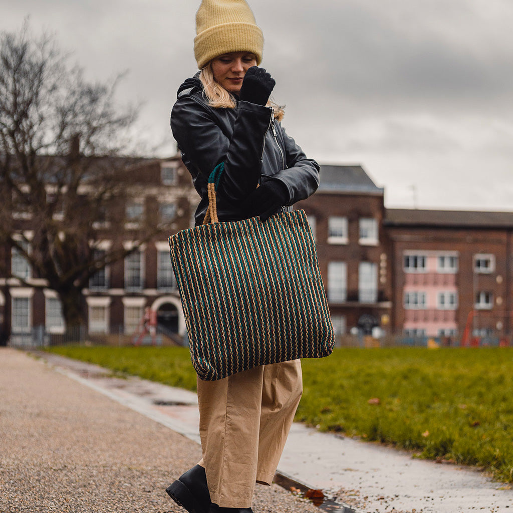 Turtle Bags Teal Striped Jute Bag Lady Carrying