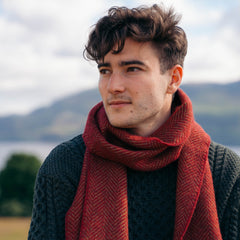 John Hanly Irish Cashmere Merino Scarf Olive Maroon Herringbone