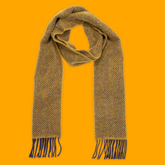 John Hanly Irish Cashmere Merino Scarf Navy Mustard Herringbone