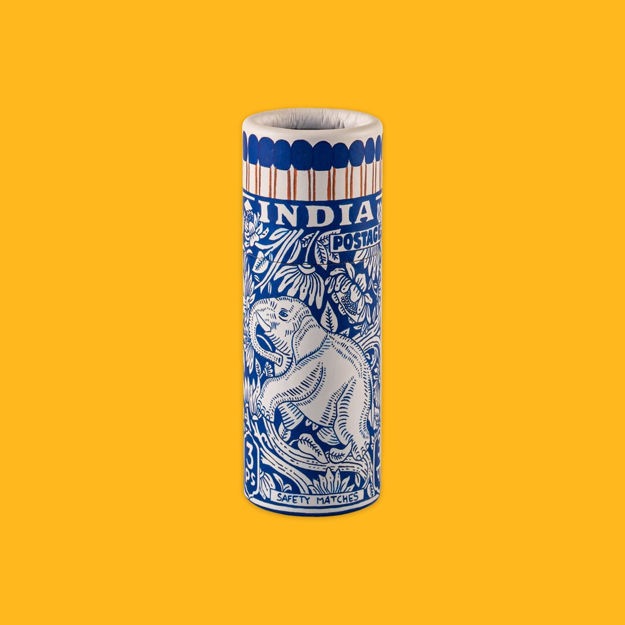 Matches cylinder with an elephant on a yellow background