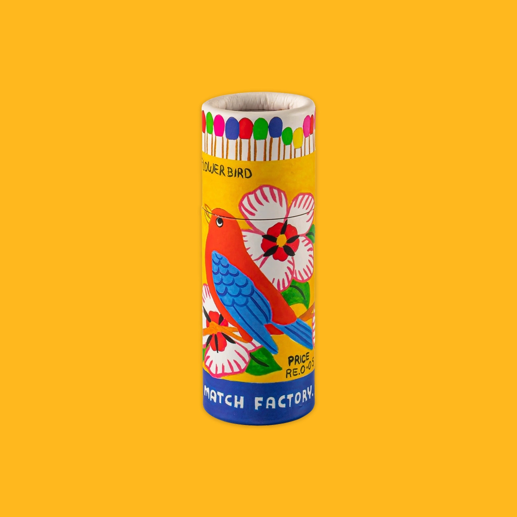 Matches cylinder with a flower bird on a yellow background