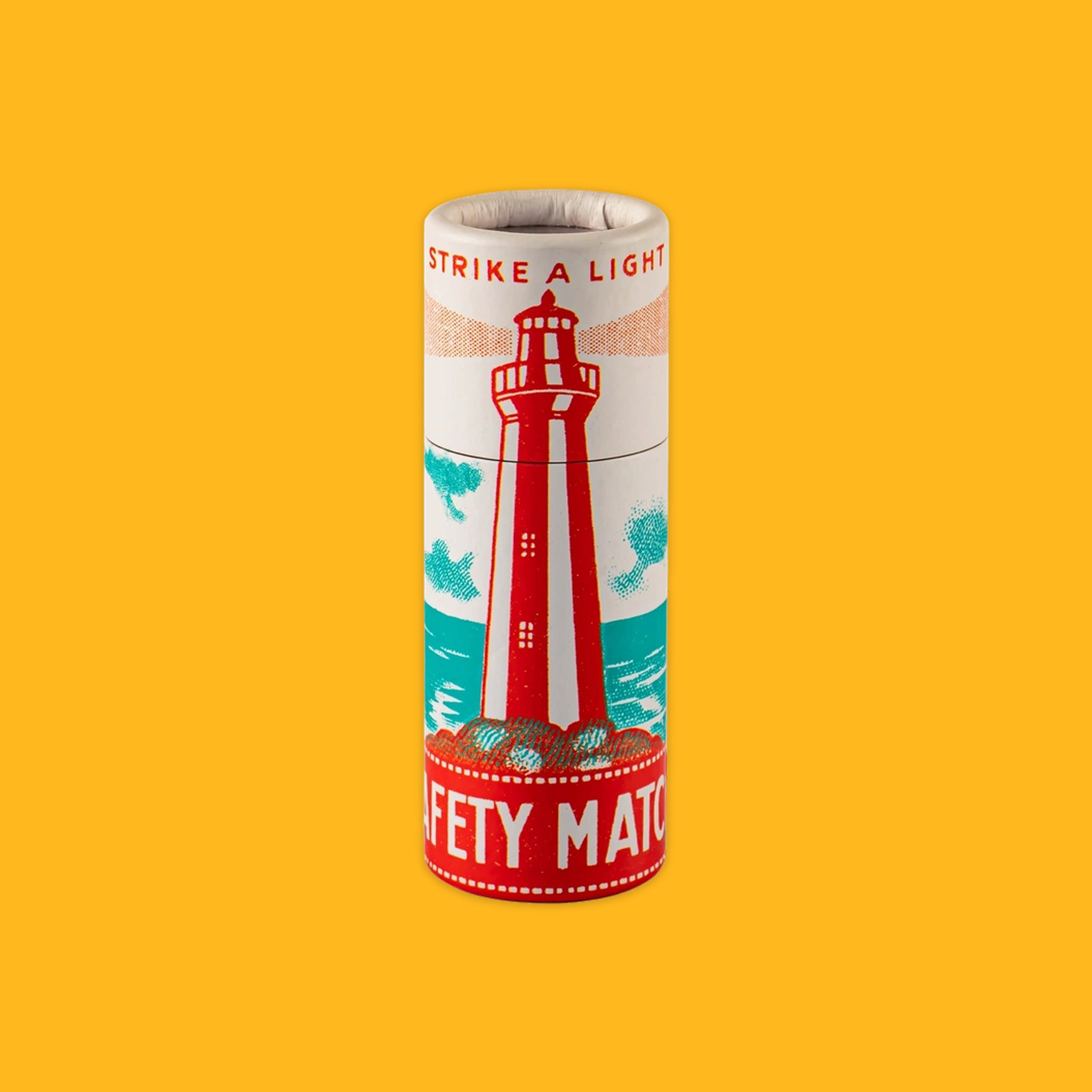 Matches cylinder with a lighthouse on a yellow background
