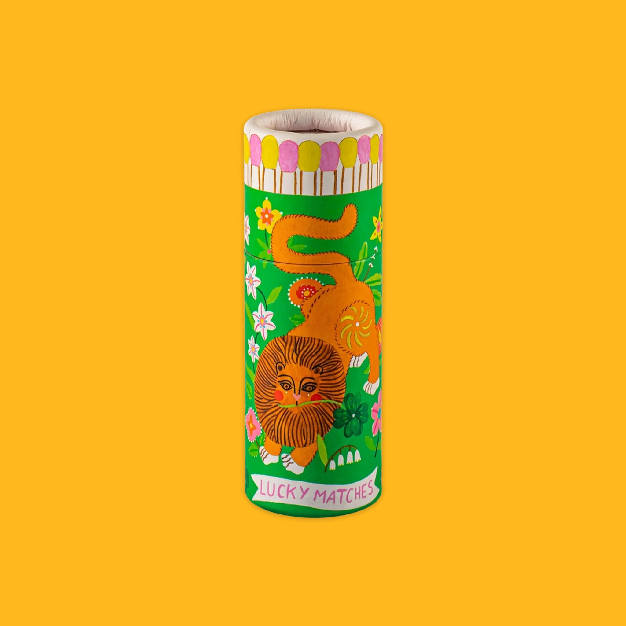Matches cylinder with a lion on a yellow background