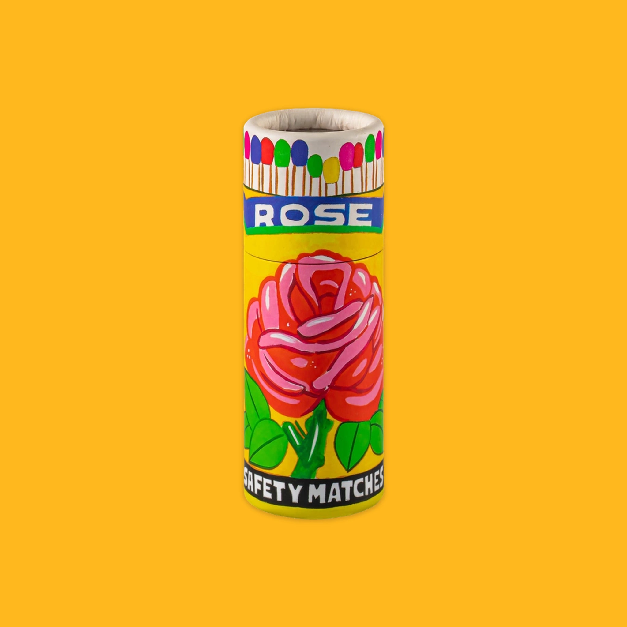 Matches cylinder with a rose on a yellow background