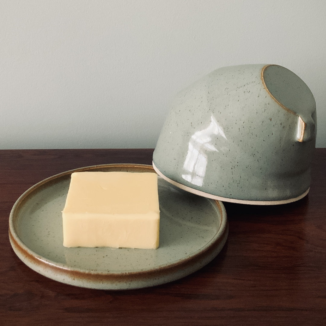 sage green Ceramic Butter dish with butter