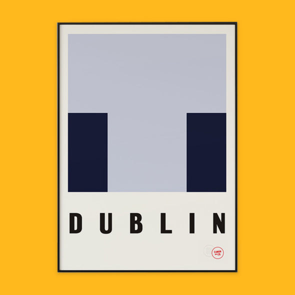 The image shows a poster on an orange background. The poster is is the blue and navy colours of county dublin with the word Dublin written underneath.