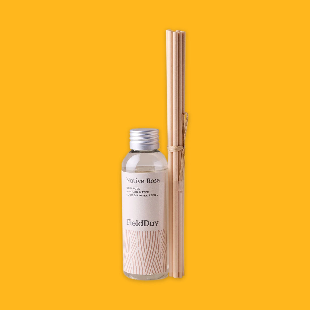 Fieldday Diffuser Refill in Native Rose on a yellow background