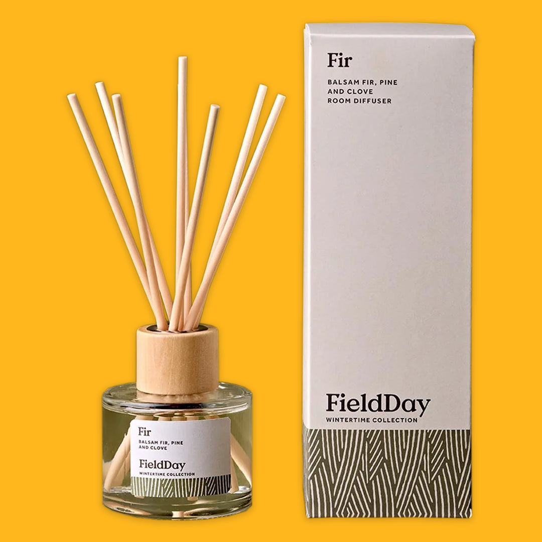 Fieldday Reed Diffuser in Fir on a yellow background
