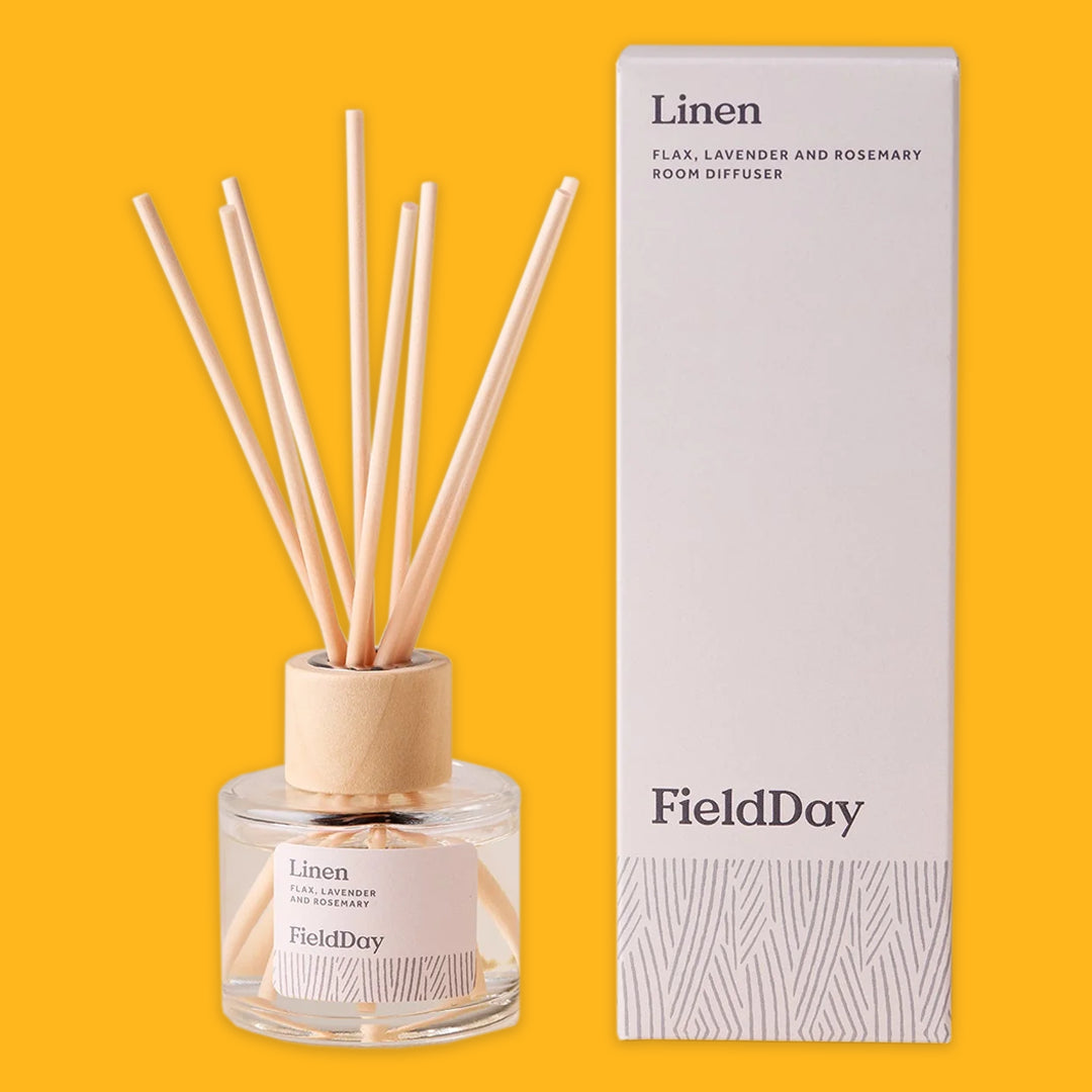 Fieldday Reed Diffuser in Linen on a yellow background