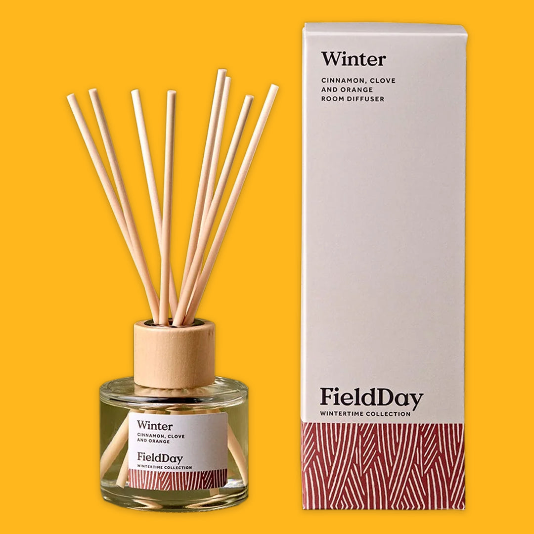 Fieldday Reed Diffuser in Winter on a yellow background