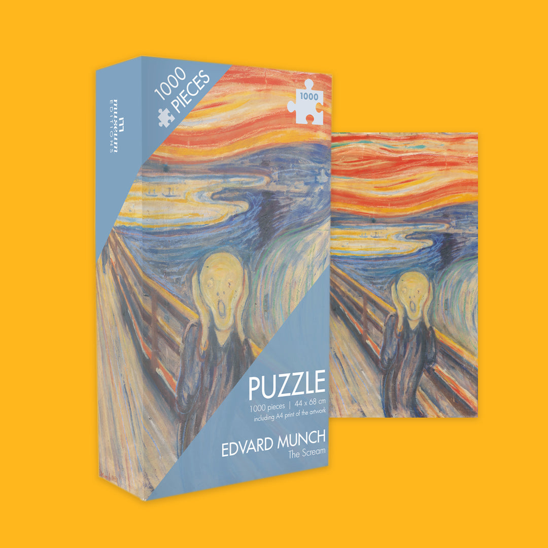 Puzzle box of 'The Scream' by Edvard Munch on a yellow background