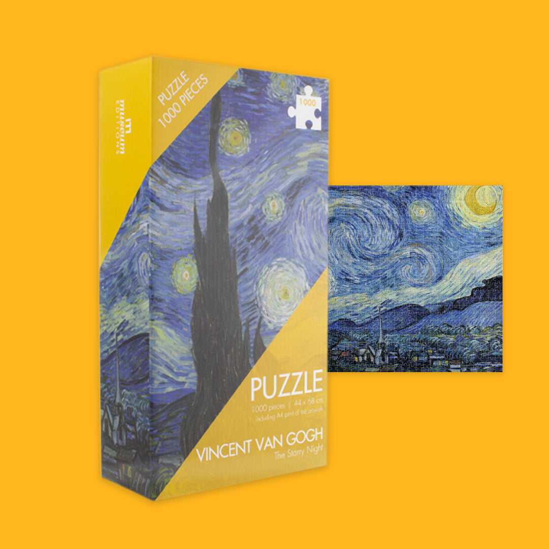 Puzzle box of 'Starry Night' by Vincent van Gogh on an orange background