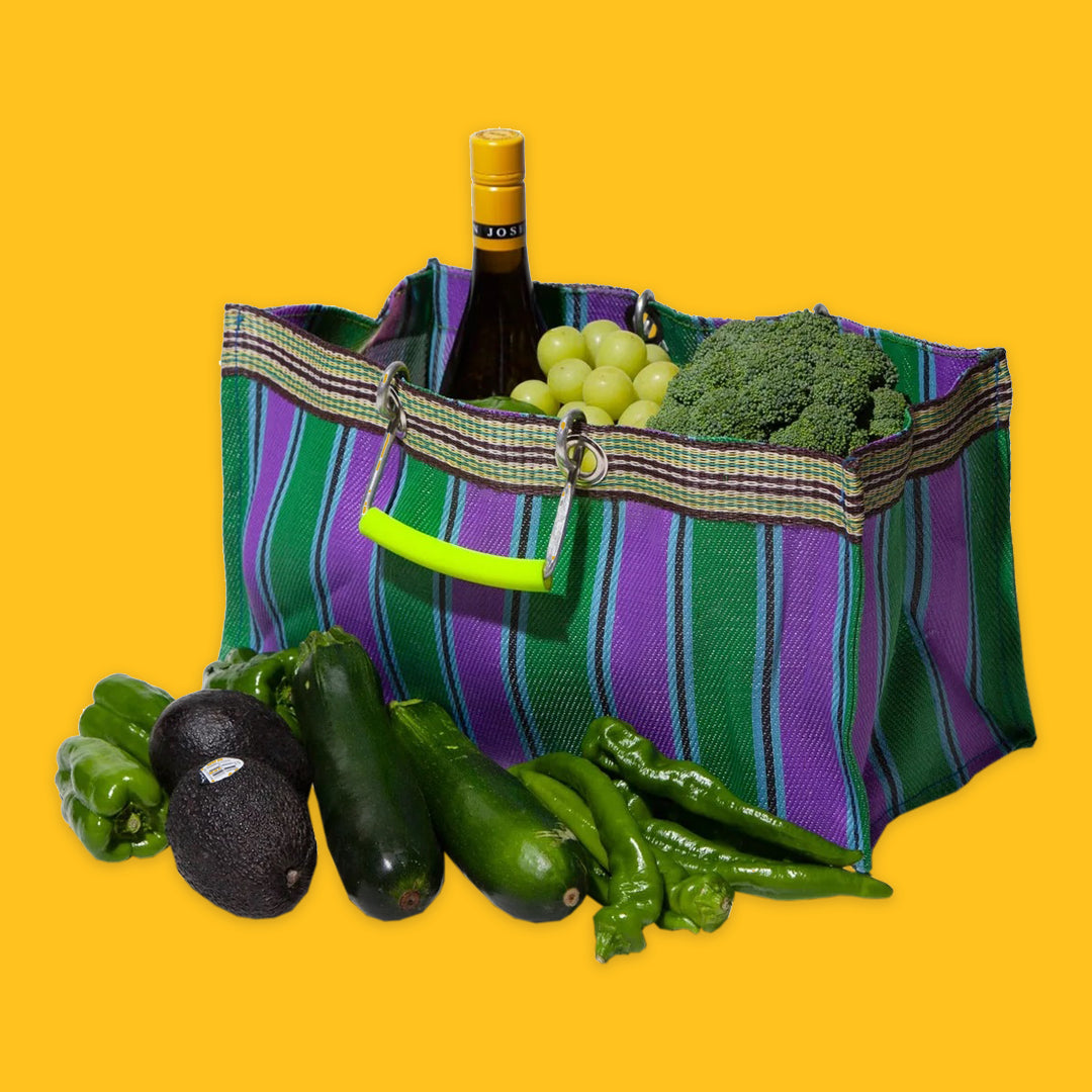 The Wide Bag in Green & Purple with food