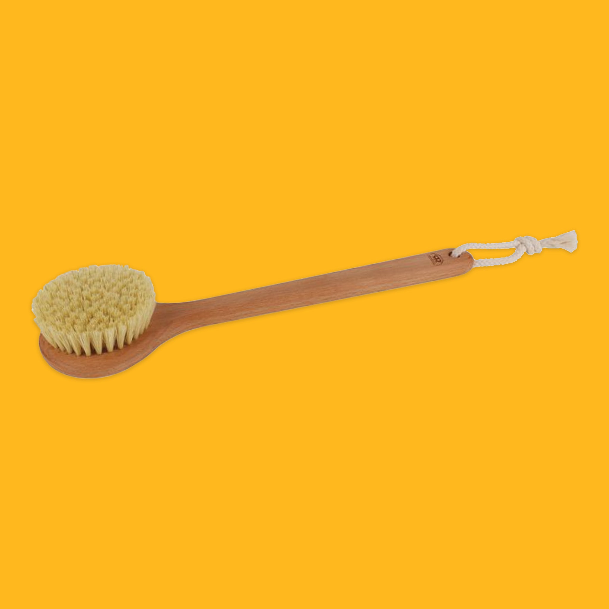 Long wooden bath brush with a natural bristle head on a yellow background