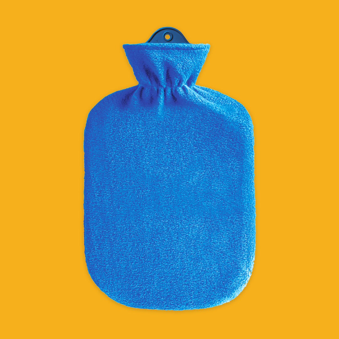 Blue hot water bottle on a yellow background