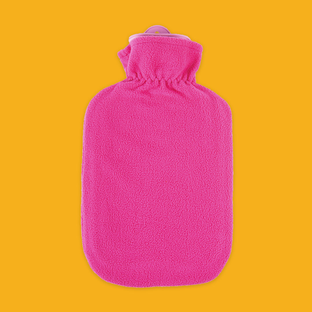 Pink hot water bottle on a yellow background