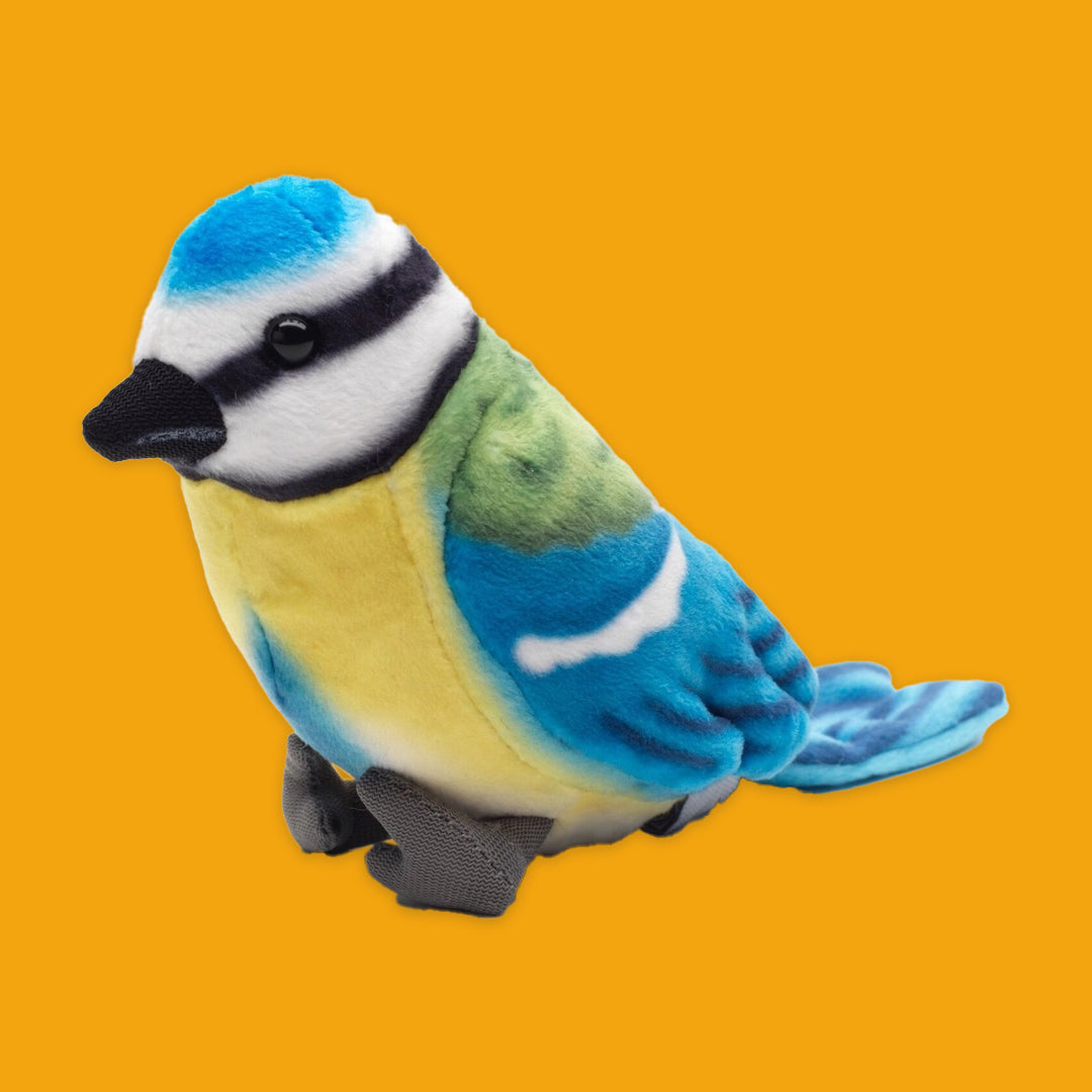 Plush toy blue tit on an orange background