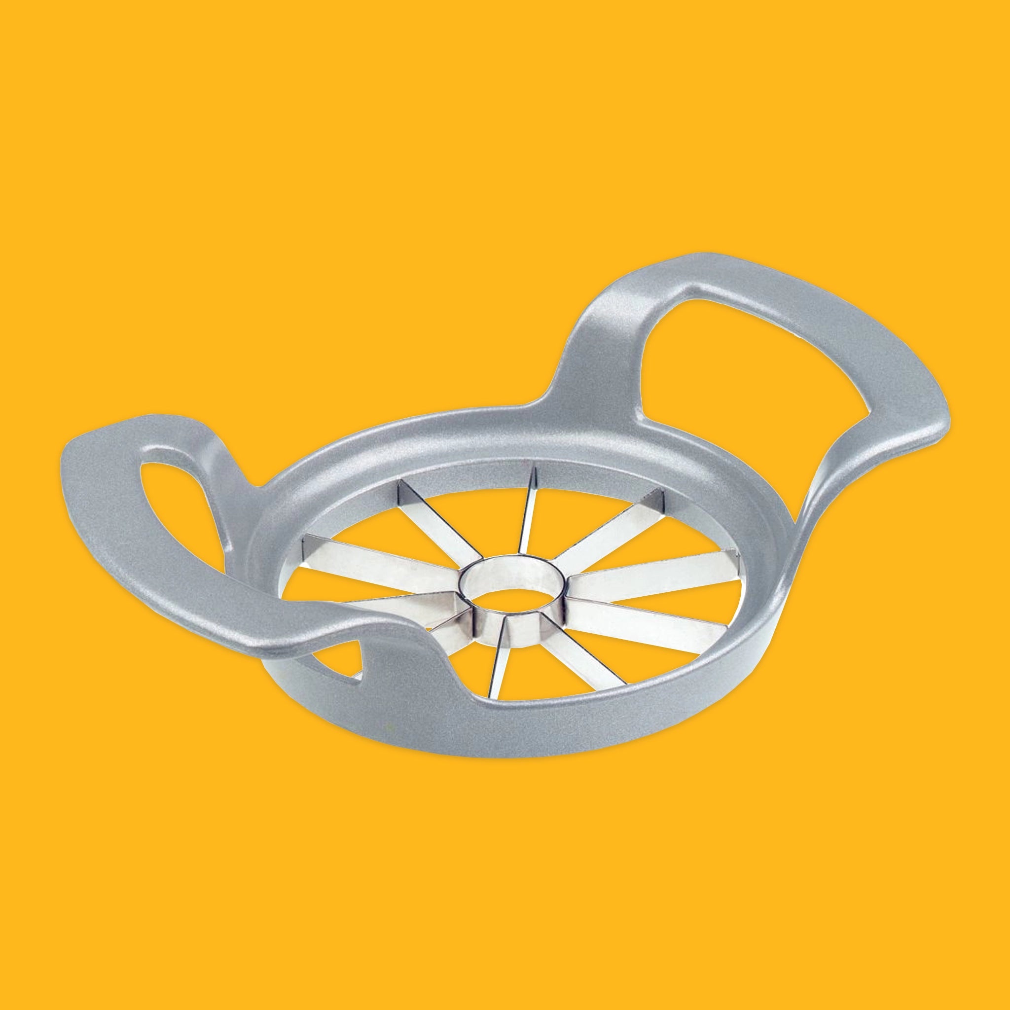 A silver metal apple slicer with two handles and multiple slicing blades, shown on a solid orange background.