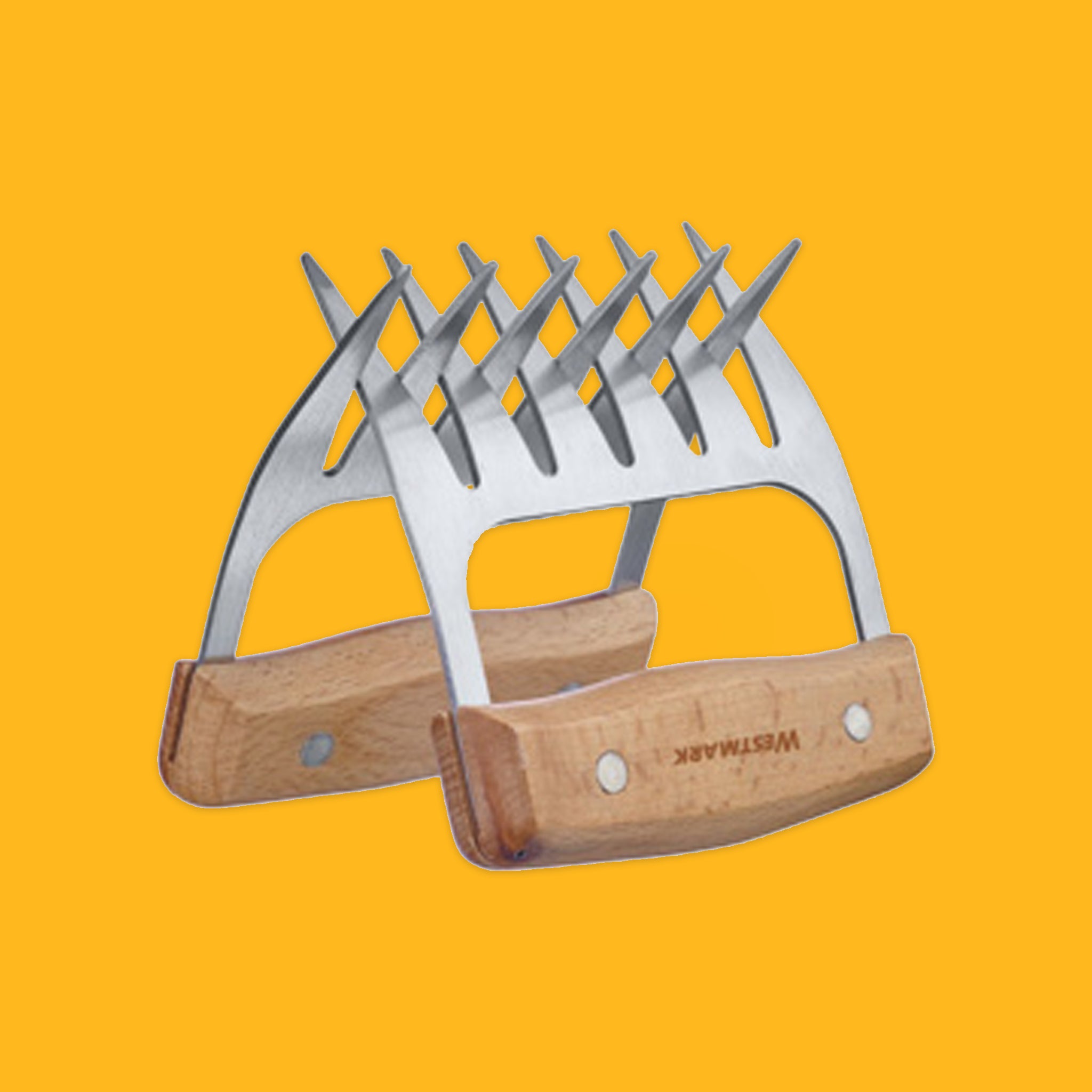 Pair of meat shredders with wooden handles on a yellow background