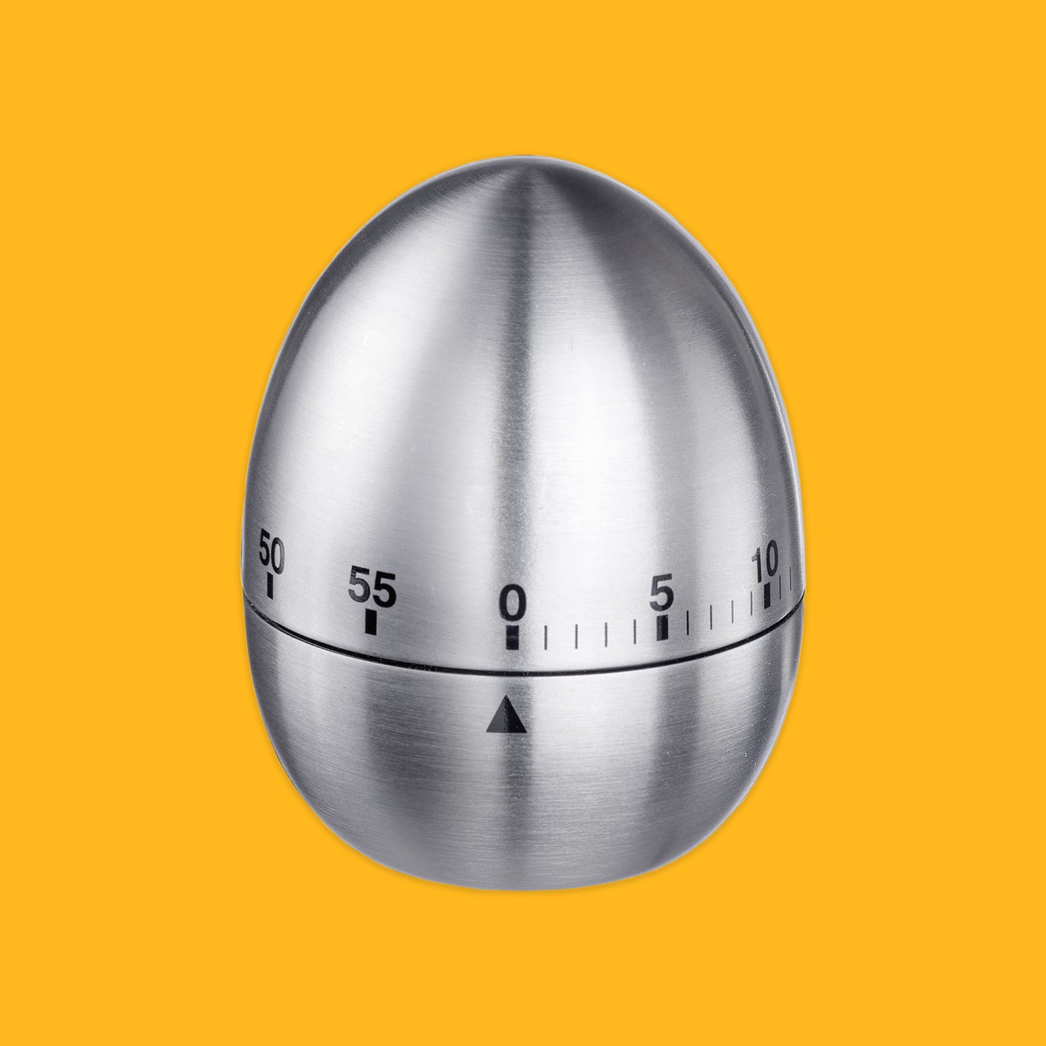 Stainless steel egg-shaped timer on a yellow background