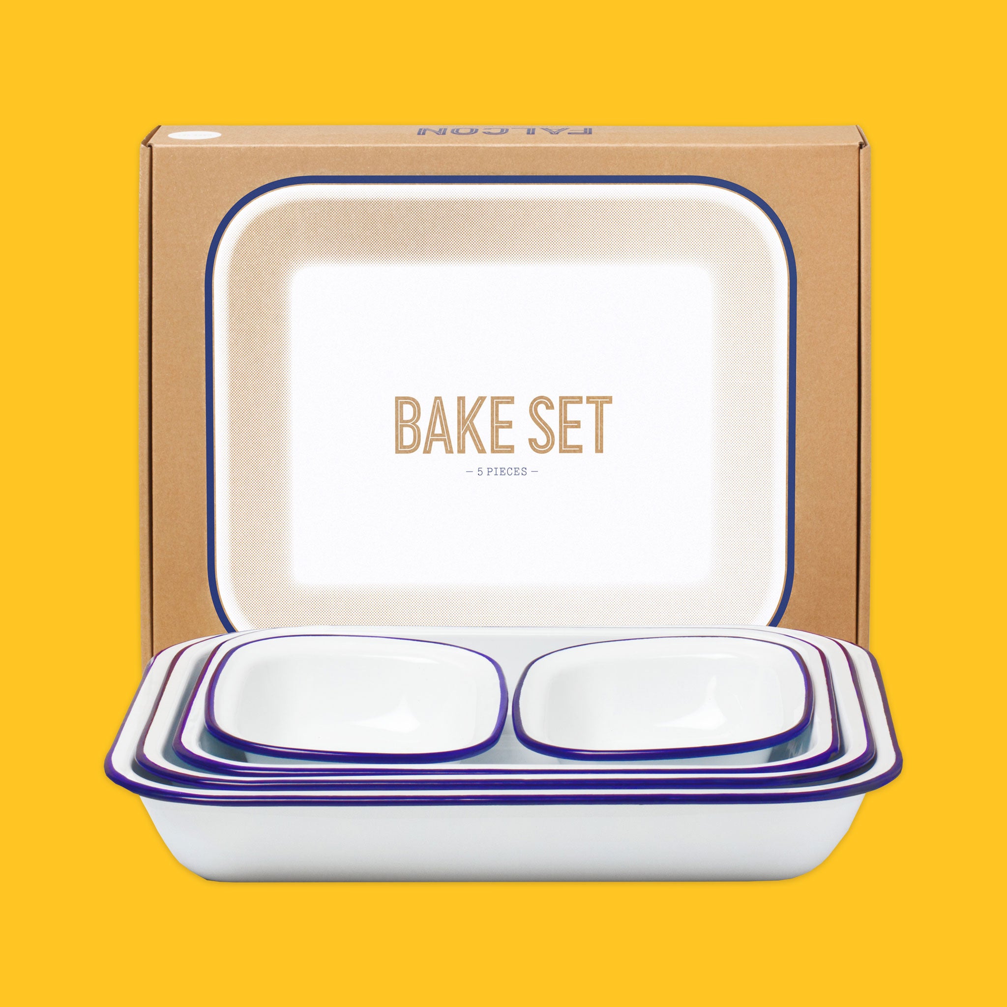 Falcon Enamelware Bake set in White with blue rim