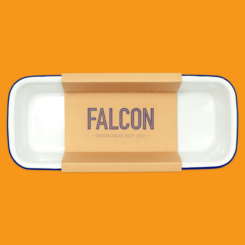 Falcon Enamelware Loaf Tin in White with Blue Rim