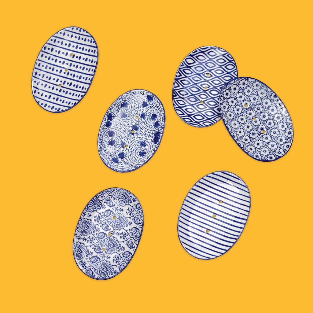 Oval Ceramic Soap Dish by Redecker in Blue and White patterns.