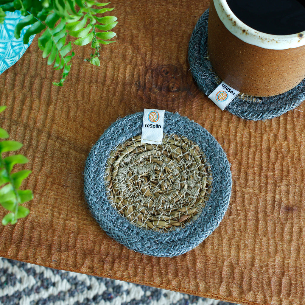 Seagrass & Jute Coaster in Grey on table