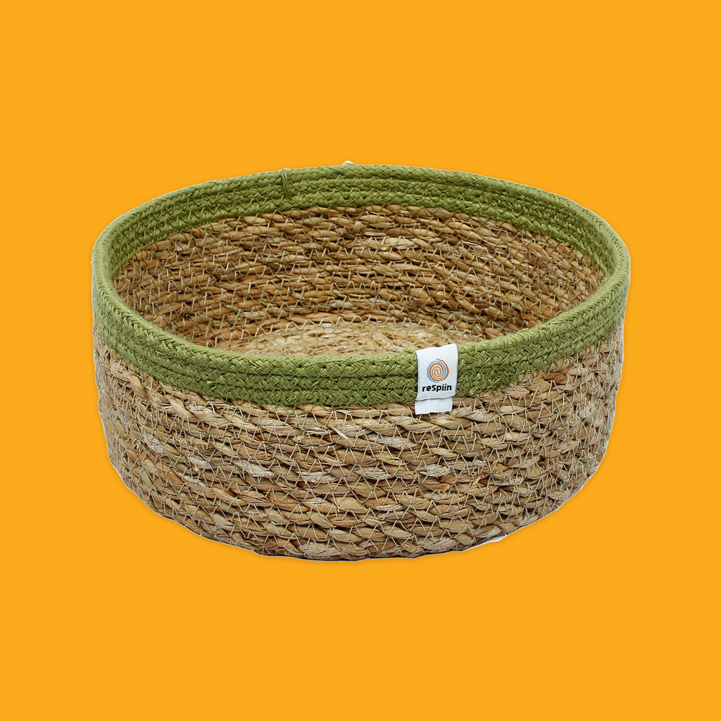 Shallow Seagrass & Jute Basket Green Medium