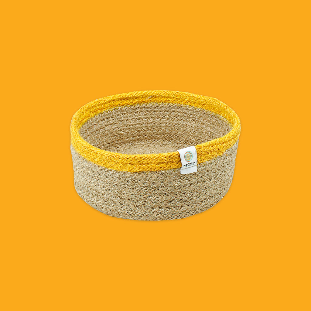 Shallow Seagrass & Jute Basket Yellow Small