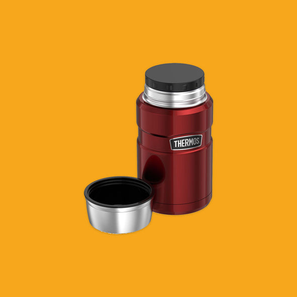 Thermos SS 710ML King Food Flask in Cranberry Red with Lid off