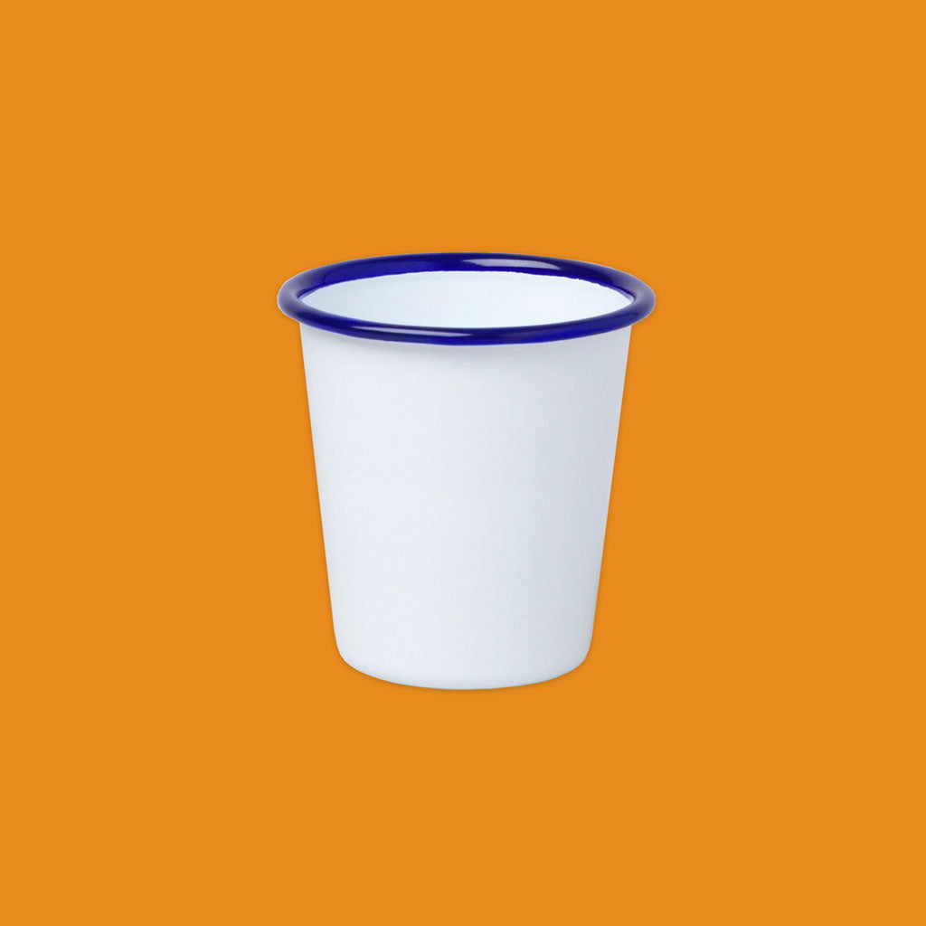 Falcon Enamelware Tumbler in White with Blue Rim
