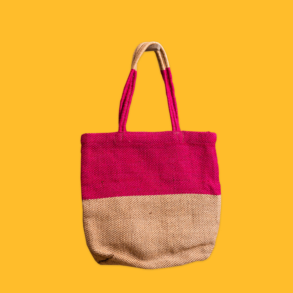 Turtle Bags Block Design Jute Bag in Fuschia