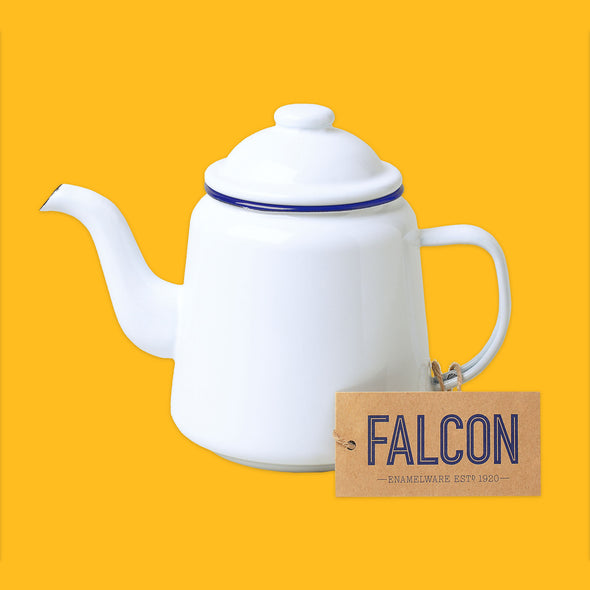 Falcon Enamelware Teapot in White with blue rim